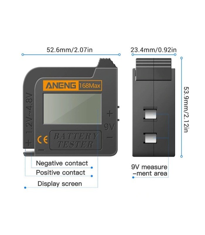 Tester baterií, Diagnostický nástroj s LCD displejem, měří AAA AA 6F22 9V CR2032 knoflíkové baterie