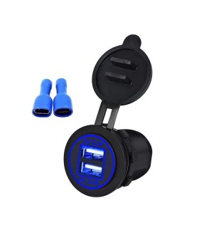 Voděodolná moto 2x USB zásuvka 12V a 24V, modré podsvícení, ochranná krytka