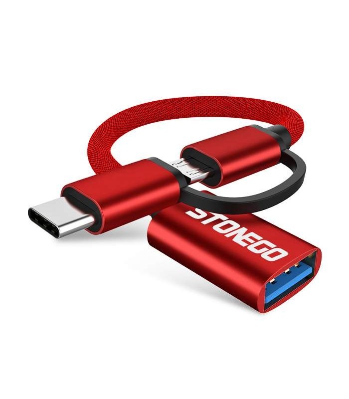 STONEGO 2v1 OTG redukce, kabel USB 3.0 Micro USB - Type C, červená barva, délka 18cm